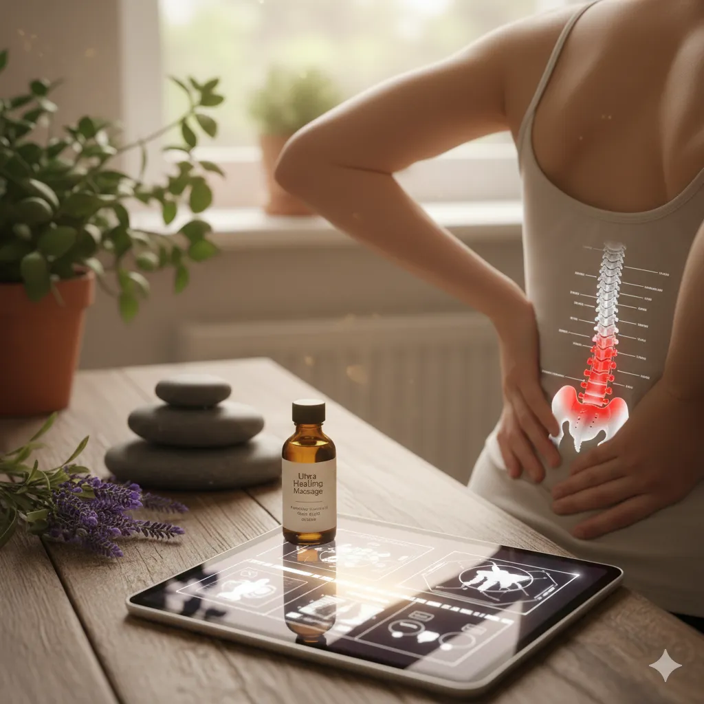 Woman holding her lower back with the spine highlighted, beside massage stones and oil