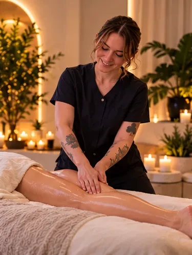 Therapist using light, rhythmic strokes along a client's leg during a lymphatic drainage massage