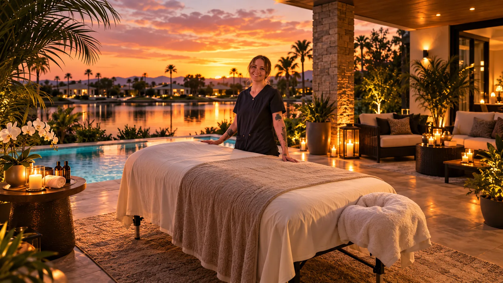 About the therapist: Abbagayl Hobbs, licensed massage therapist, beside her massage table on a lakeside patio at sunset