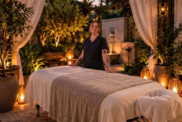 Abbagayl beside her massage table in a lantern-lit garden