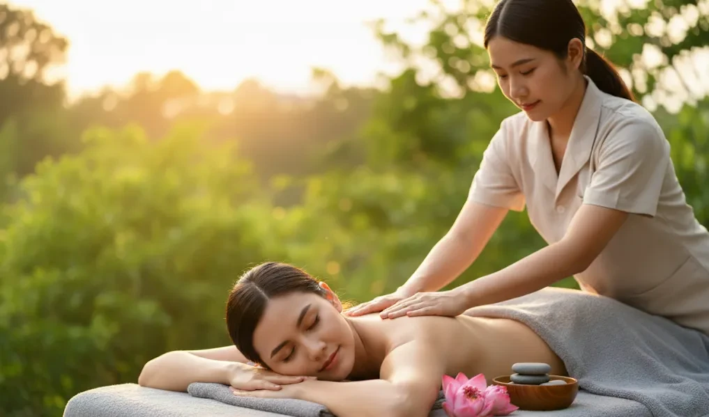 Therapist giving a relaxing back massage outdoors at golden hour