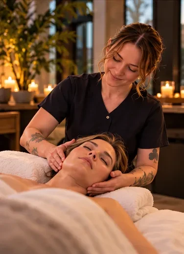 Therapist resting her hands lightly at a client's temples during a Reiki session