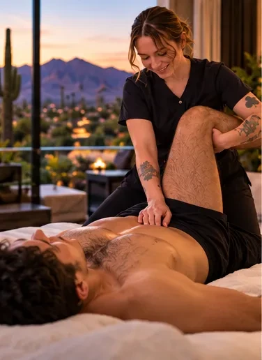 Assisted stretch during an in-home massage session